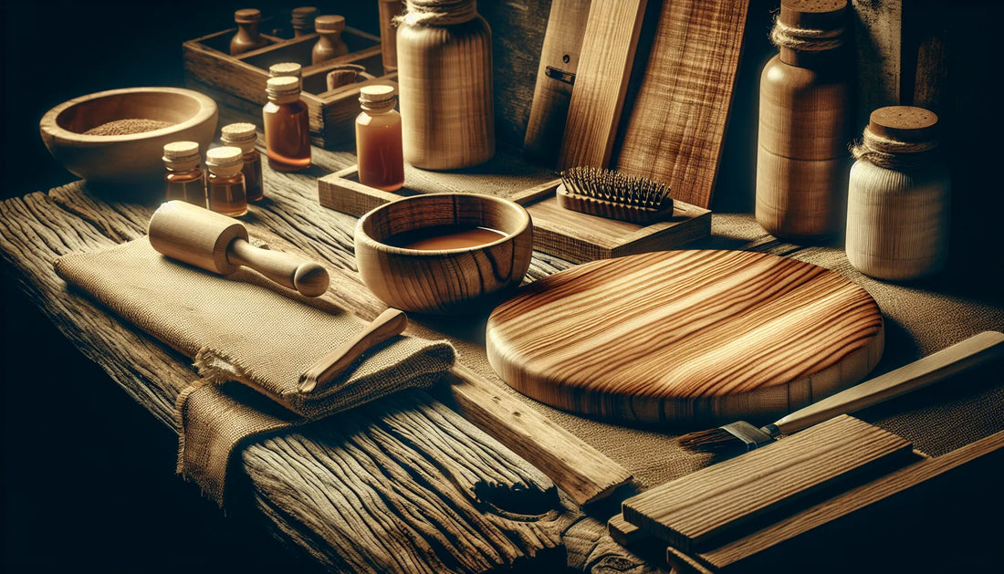 Scena di legno trattato con tannini naturali, evidenziando texture e venature