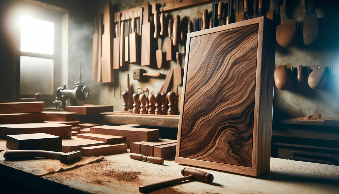Dettaglio di legno di noce trattato con tannini, evidenziando venature e texture naturali.