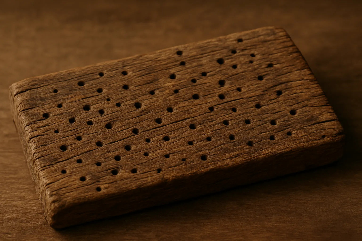 Vista ravvicinata di legno antico con fori di tarlo inattivi, evidenziando texture e venature