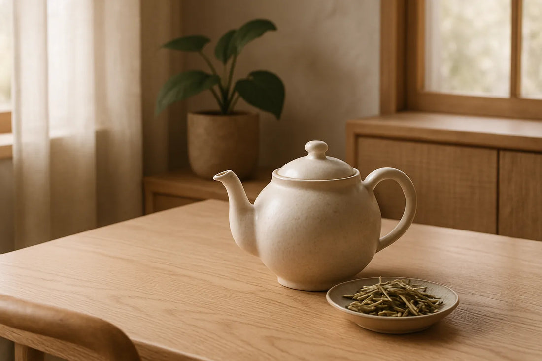 Scena evocativa di un ambiente domestico con tè bianco e superfici in legno naturale