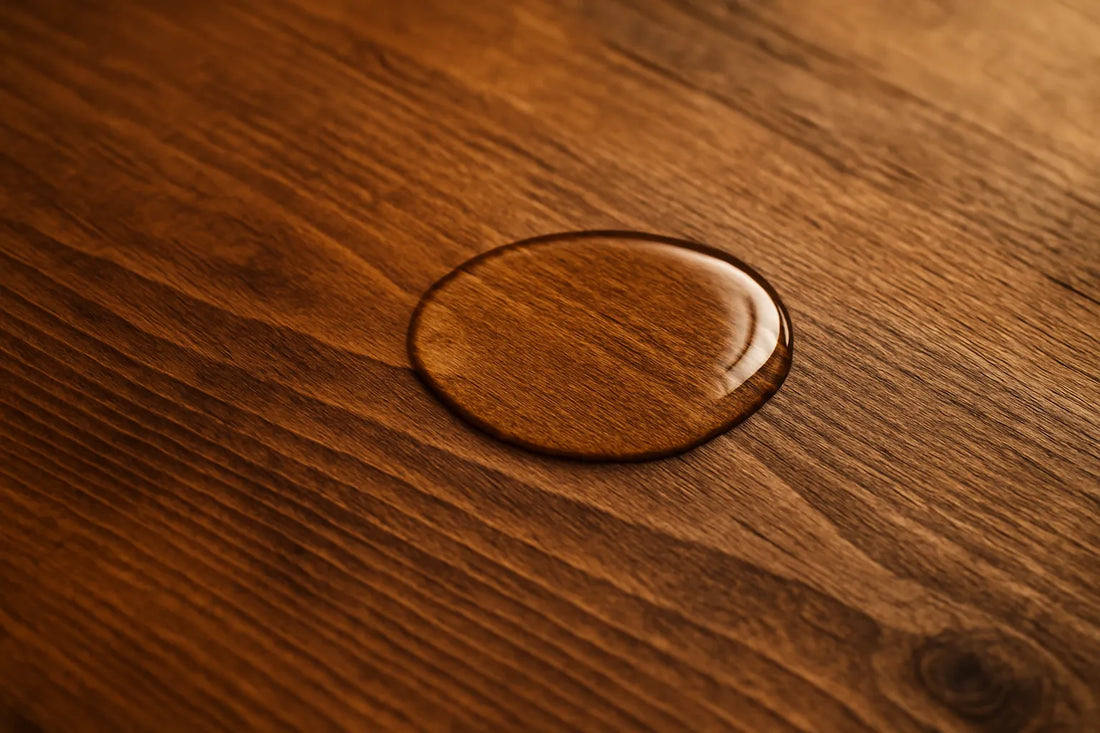 Un tavolo in legno cerato con una goccia d'acqua che si allarga, evidenziando la protezione del legno.