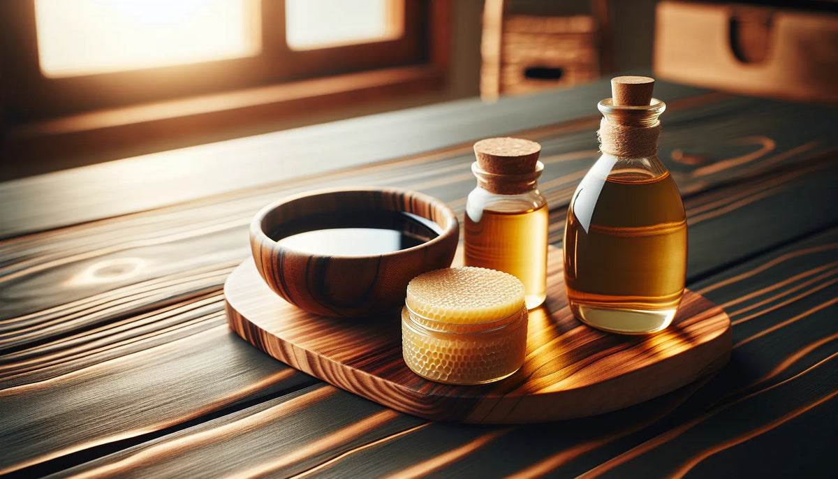 Scena di trattamento dell'ebano con cere e oli naturali, mostrando venature e texture del legno
