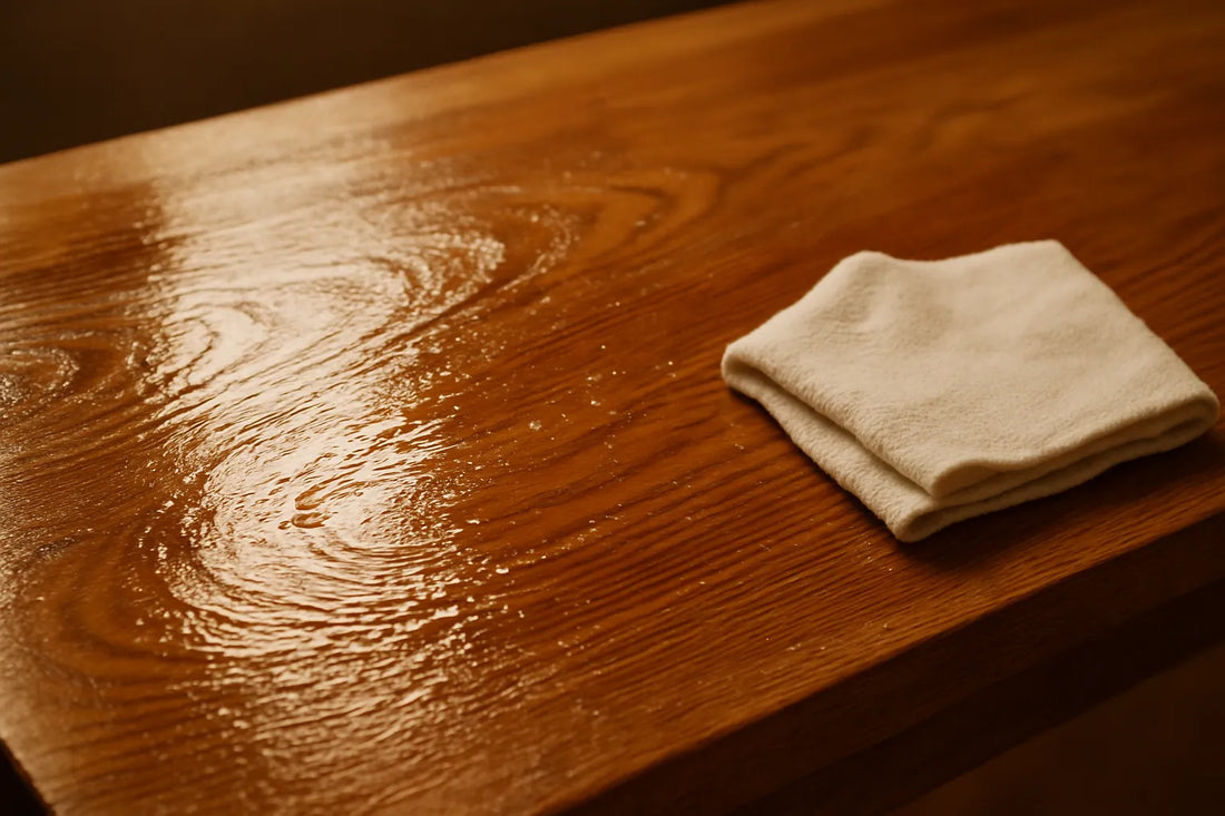 Superficie di legno con eccesso di cera visibile, panno morbido per la pulizia