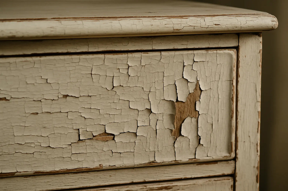 Dettaglio di legno laccato con vernice che si sfoglia, evidenziando crepe e sollevamenti.