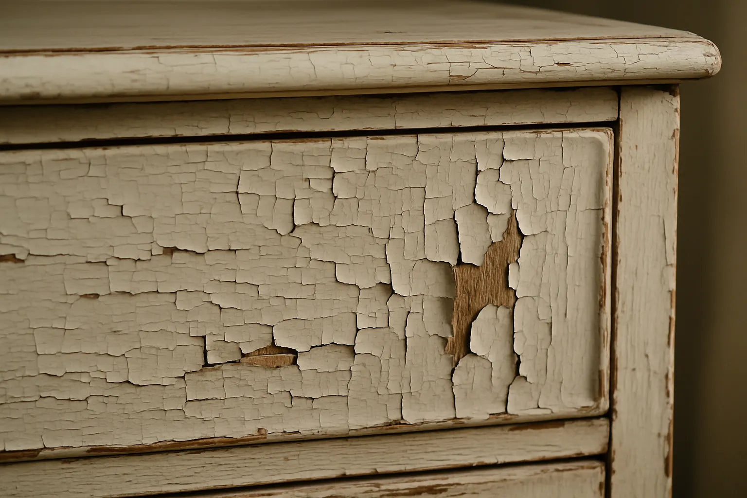 Dettaglio di legno laccato con vernice che si sfoglia, evidenziando crepe e sollevamenti.