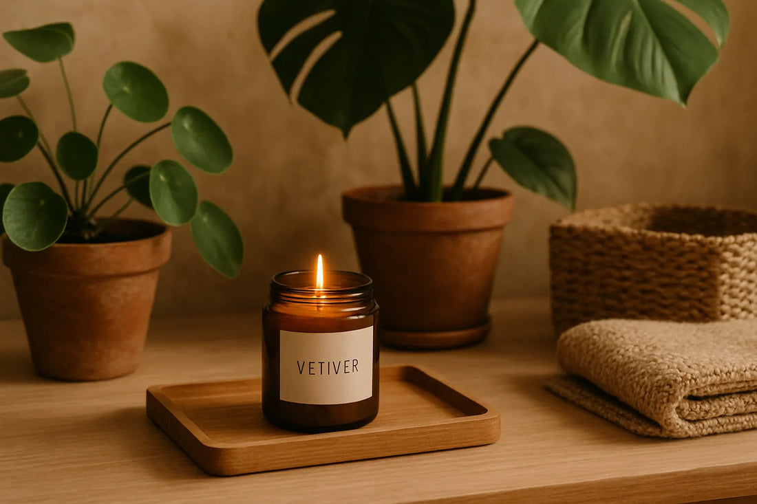 Scena evocativa con elementi naturali e legno, rappresentante il vetiver haitiano per un ambiente armonioso