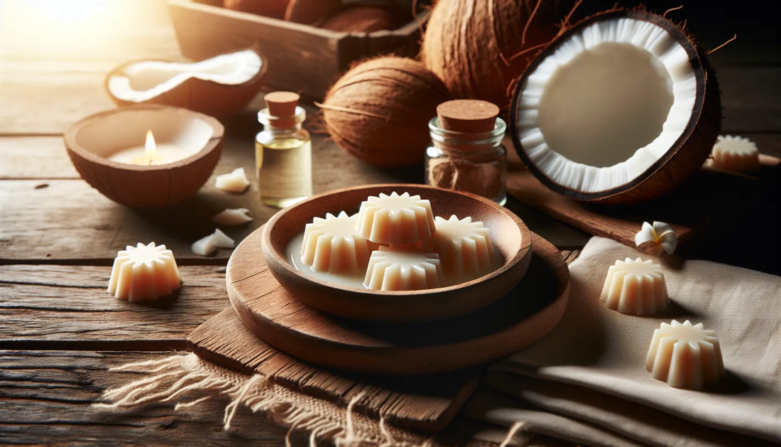 Scena di wax melts naturali su un tavolo in legno con cera di cocco e fragranze naturali