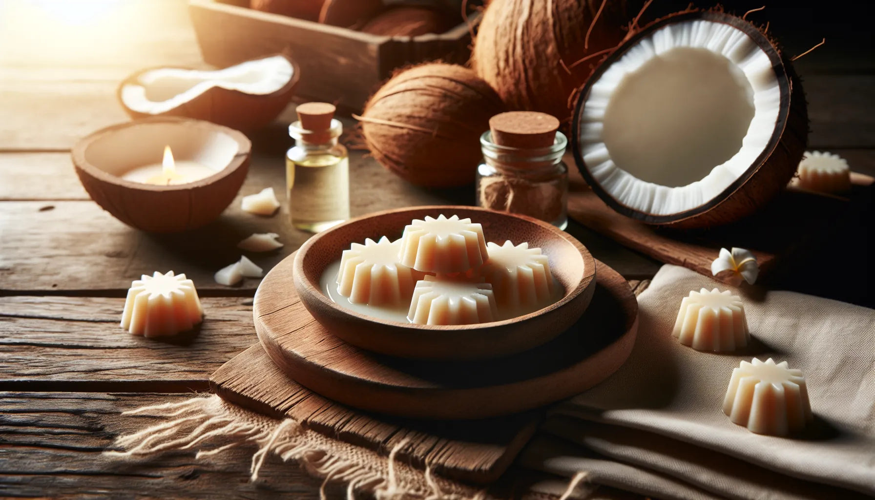 Scena di wax melts naturali su un tavolo in legno con cera di cocco e fragranze naturali