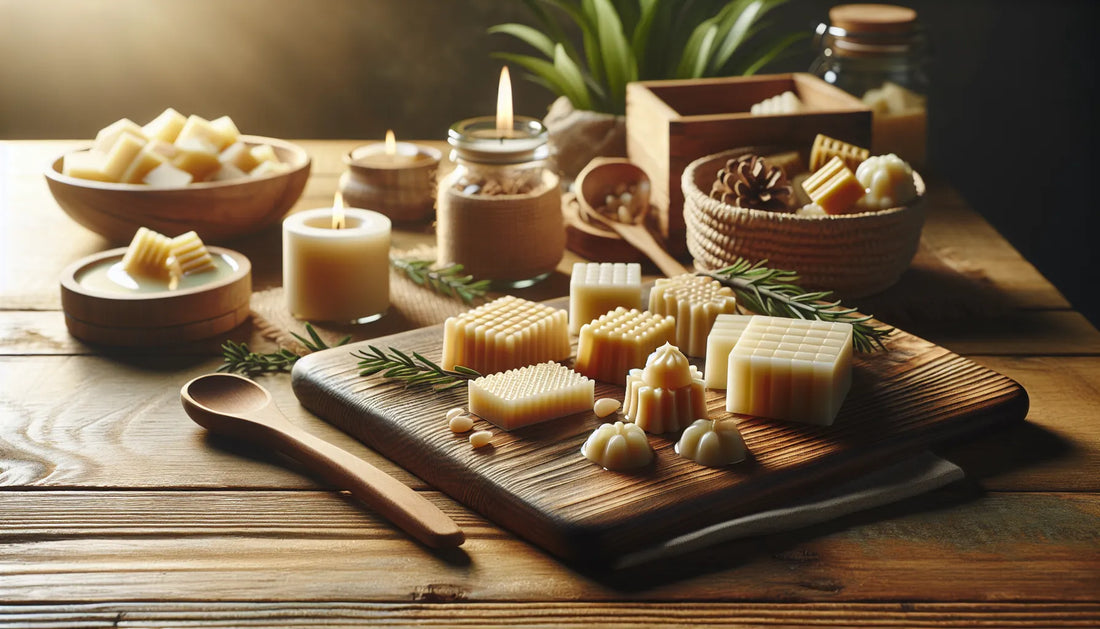 Scena evocativa di wax melts naturali su un tavolo in legno, con luce morbida che mette in risalto le texture del legno e della cera.