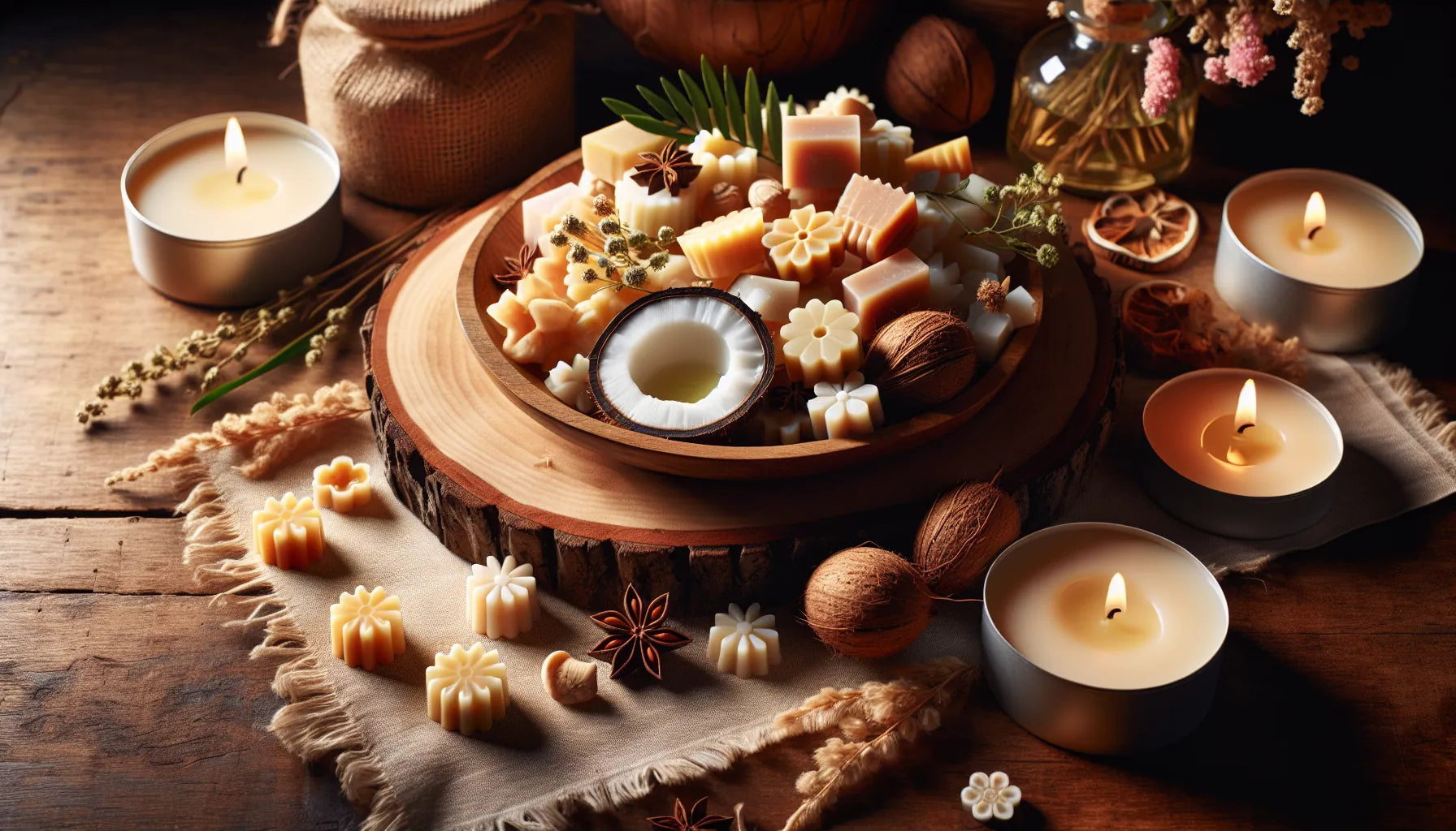 Scena evocativa di wax melts naturali su una superficie in legno, con cera di cocco e fragranze naturali.
