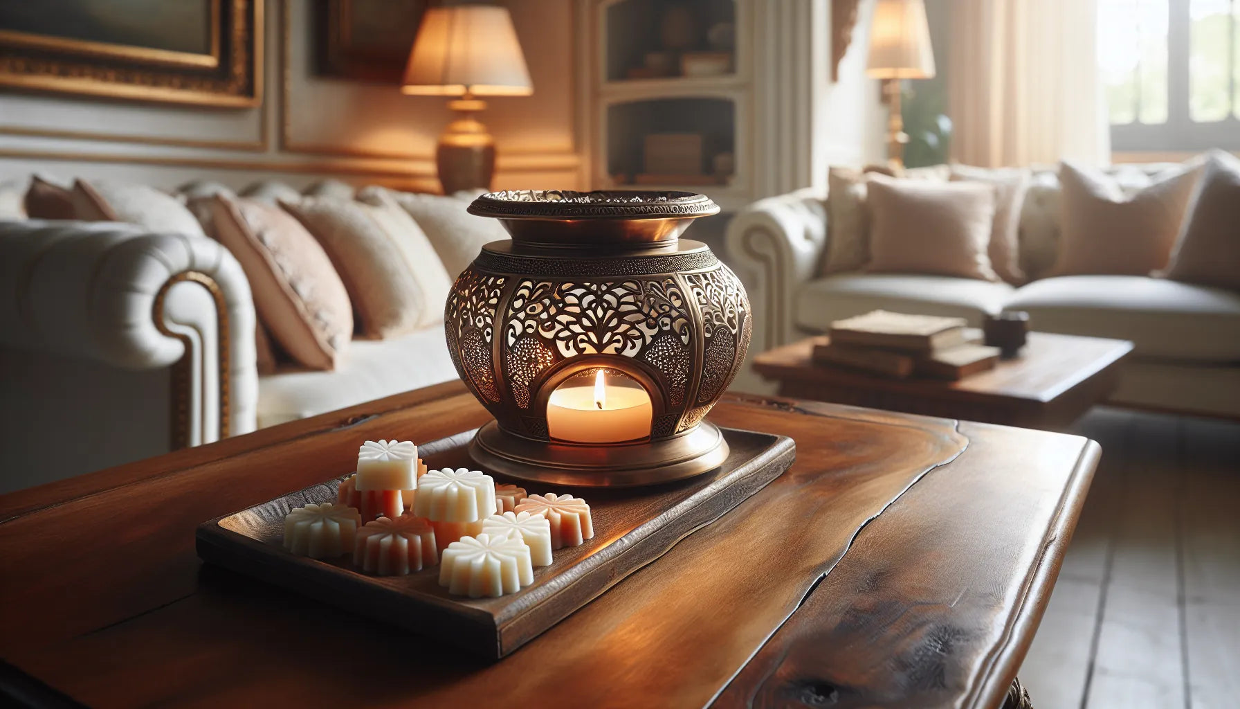 Scena di wax melts naturali su un bruciatore in un ambiente domestico accogliente con superfici in legno e luce morbida