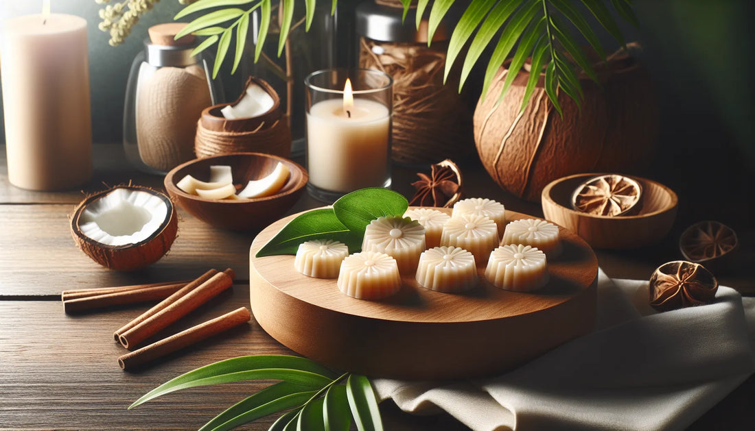 Scena evocativa di wax melts naturali su una superficie in legno, con cera di cocco e elementi naturali.