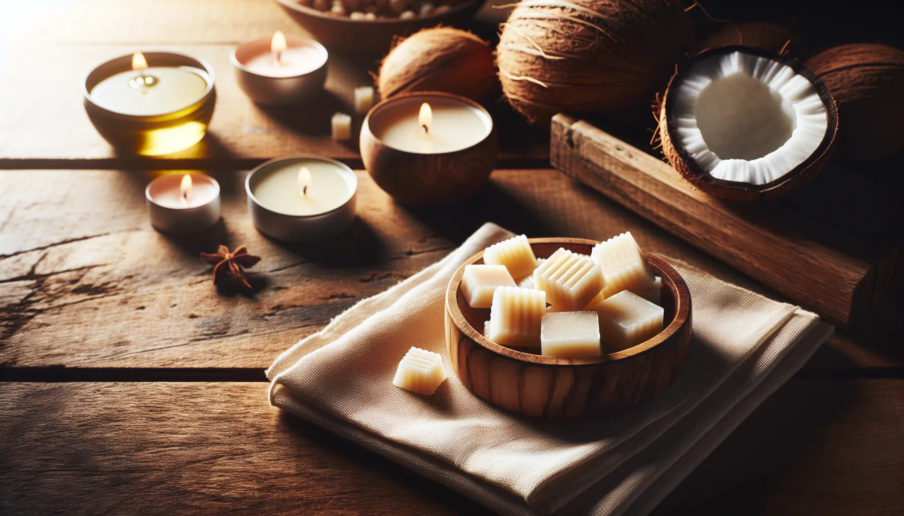 Scena evocativa di wax melts naturali su una superficie in legno, con cera di cocco e profumi naturali.