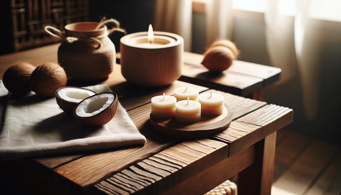 Scena di wax melts naturali su un tavolo in legno, con cera di cocco e luce morbida