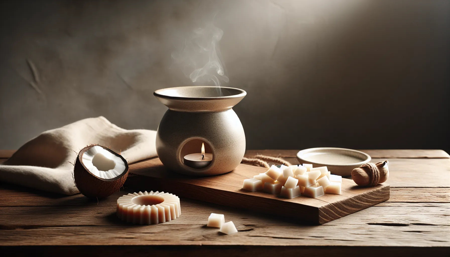 Scena evocativa di wax melts naturali su una superficie in legno con cera di cocco e profumi naturali.