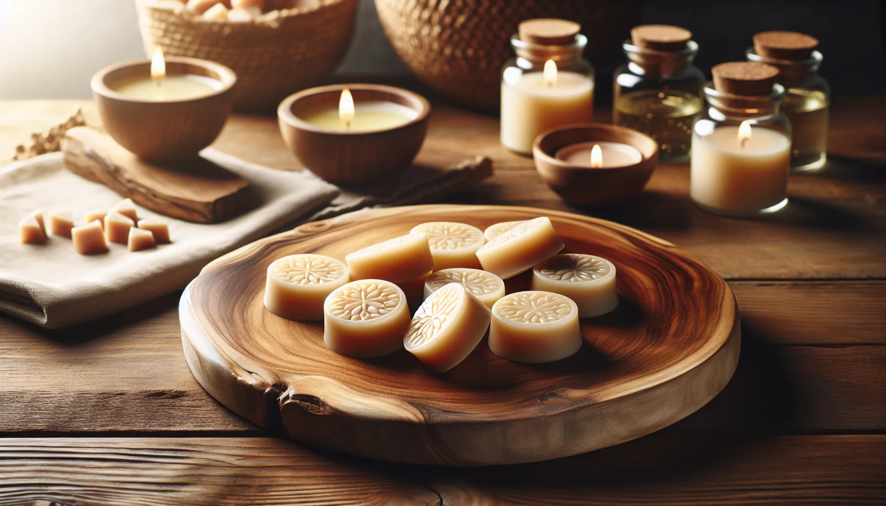 Composizione di wax melts naturali su un tavolo in legno con texture calde e luce morbida