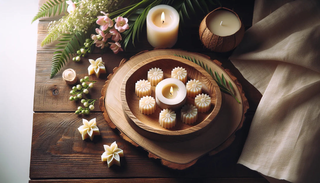Scena di wax melts naturali su un tavolo in legno con cera di cocco e fiori, atmosfera calda e accogliente