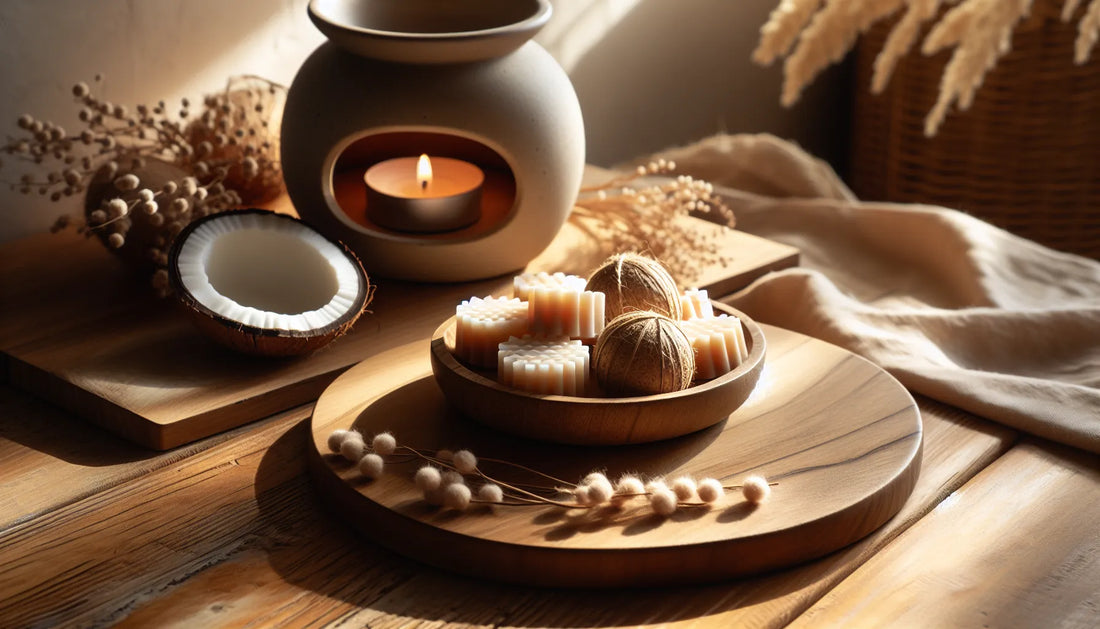 Scena evocativa con wax melts naturali su un tavolo di legno, atmosfera calda e rilassante.