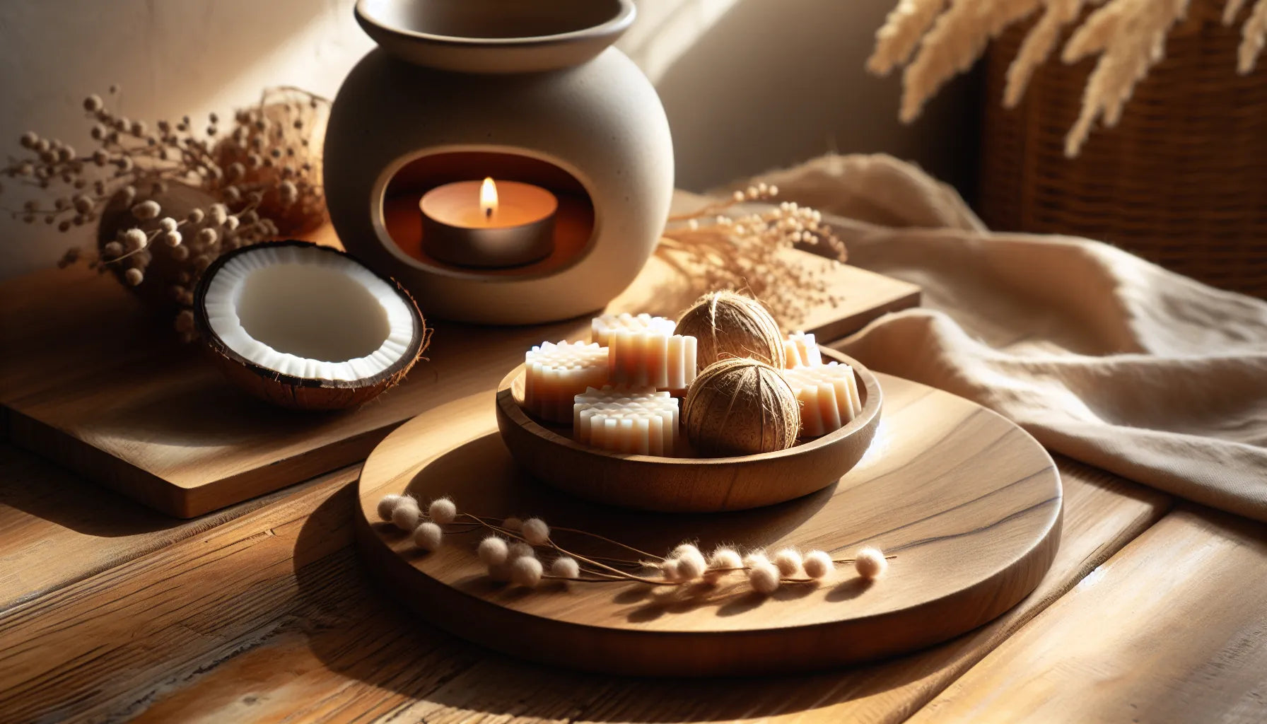 Scena evocativa con wax melts naturali su un tavolo di legno, atmosfera calda e rilassante.
