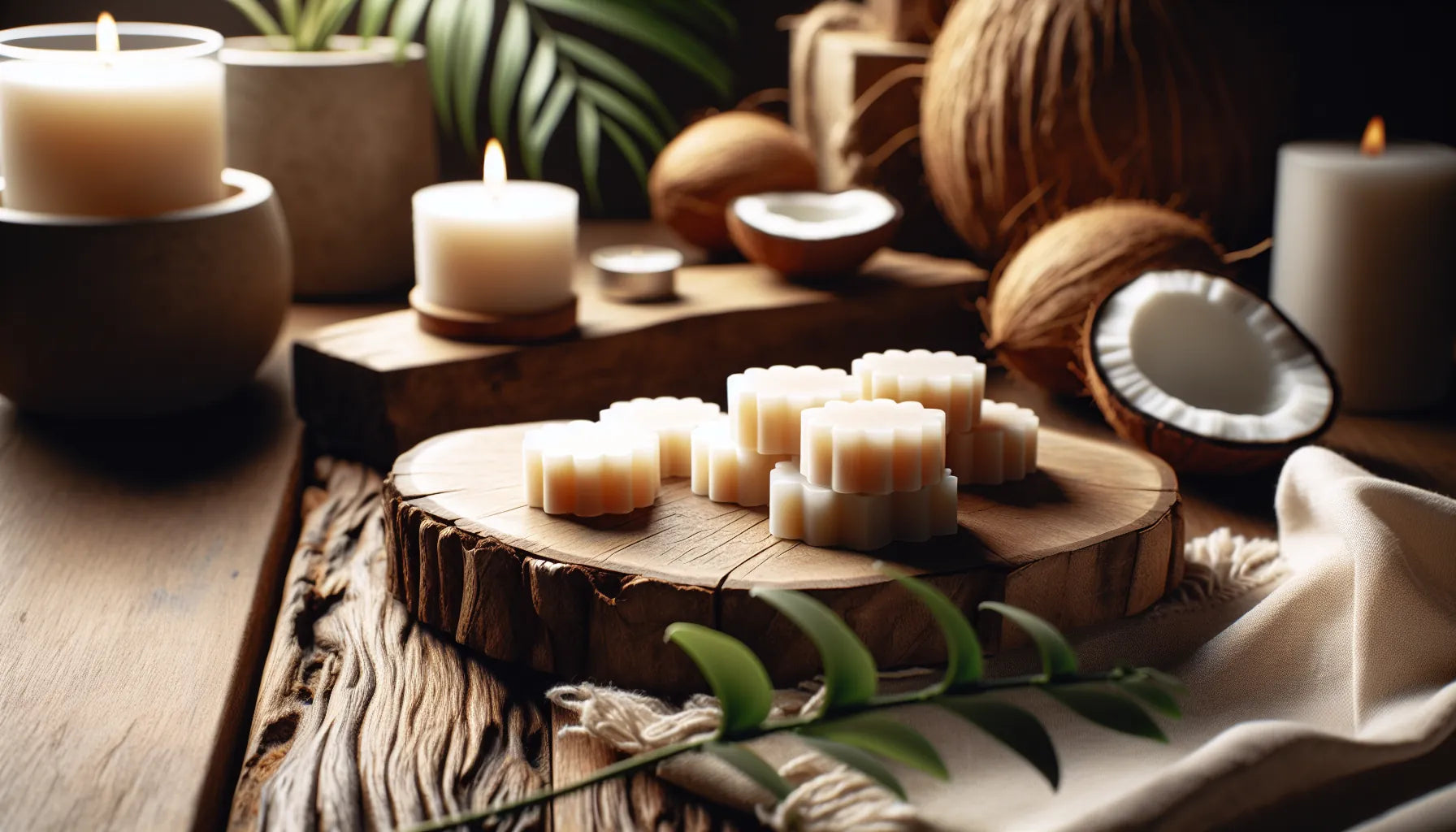Scena di wax melts naturali su un tavolo in legno, con cera di cocco e fragranze naturali.