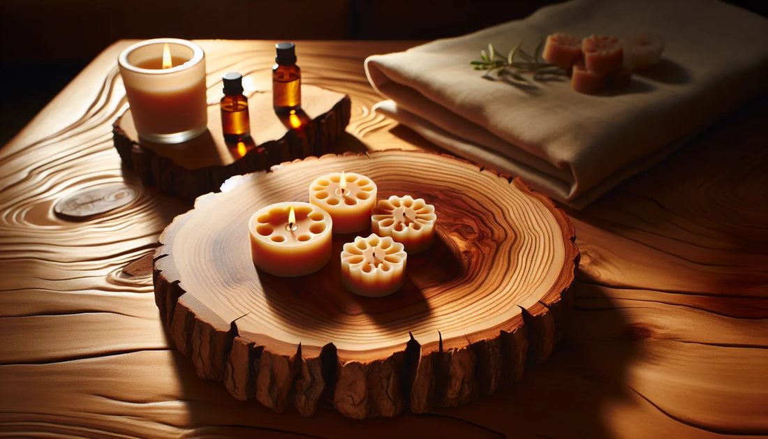 Scena di wax melts naturali su un tavolo di legno con cera di cocco e fragranze eco-friendly