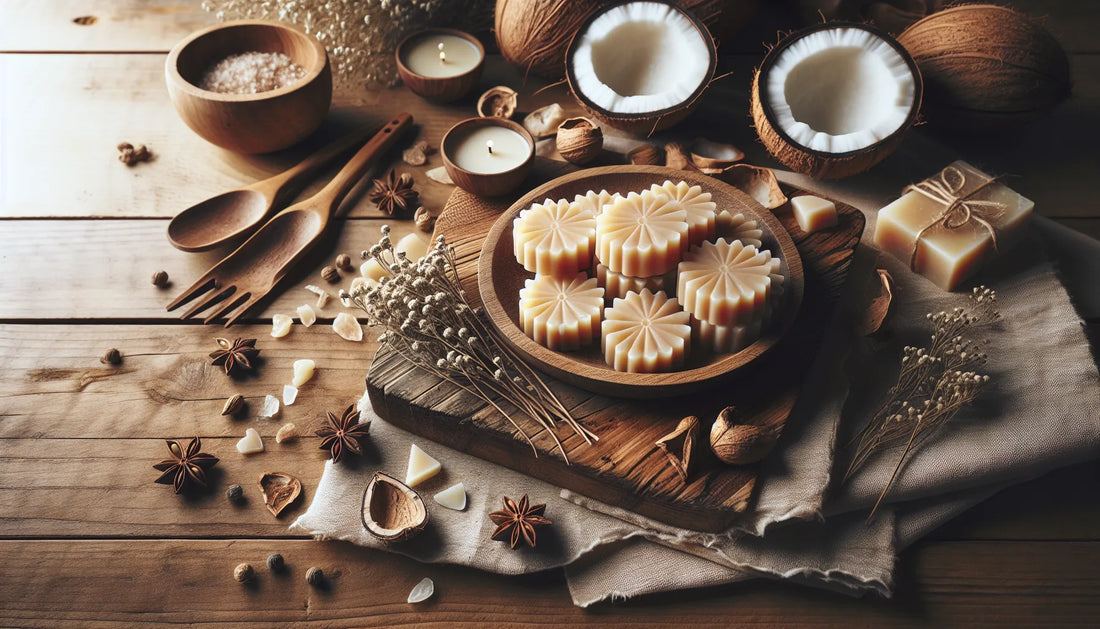 Composizione di wax melts naturali su un tavolo in legno con cera di cocco e fragranze naturali.