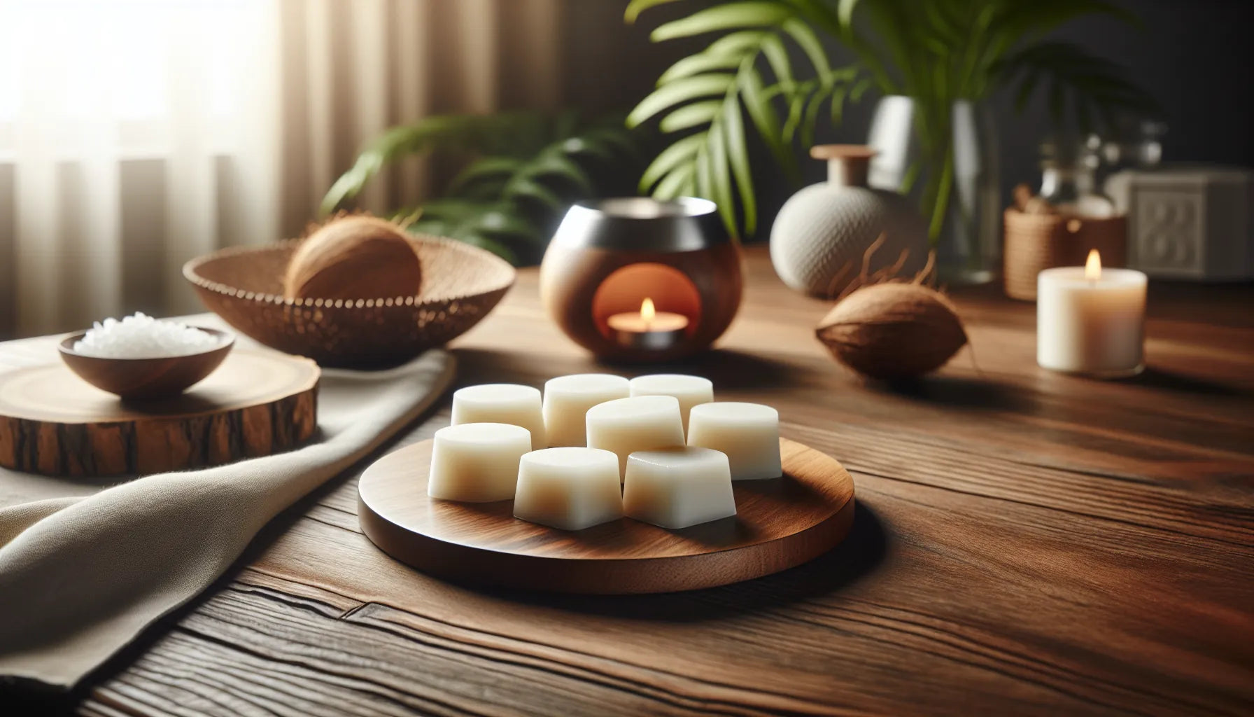 Scena evocativa di wax melts naturali su un tavolo in legno, con cera di cocco e fragranze naturali.