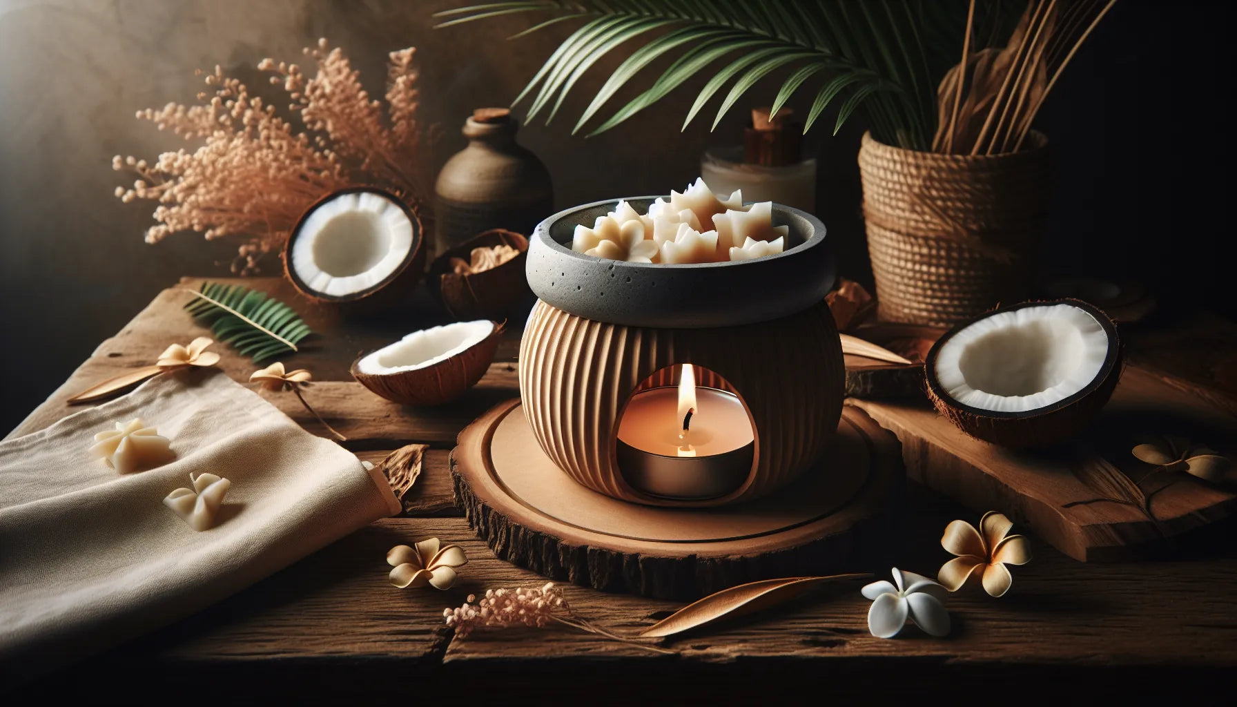 Scena di wax melts naturali su un tavolo in legno con cera di cocco e fiori secchi