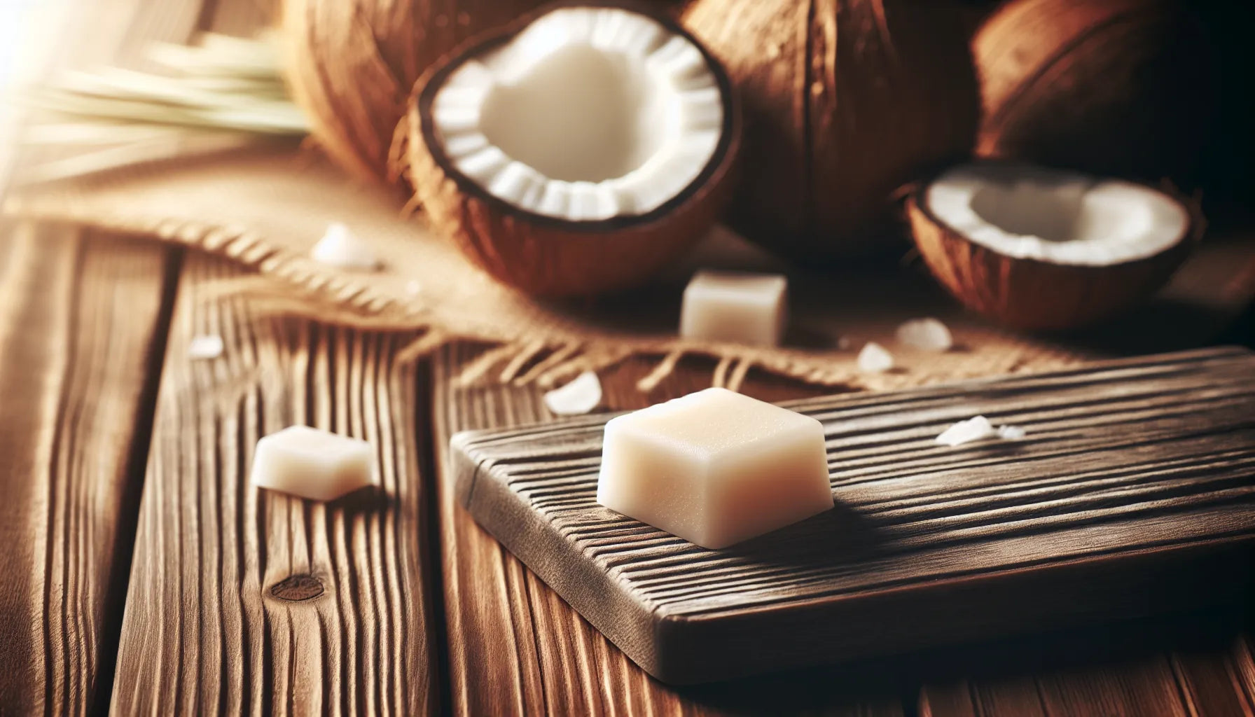 Scena evocativa di wax melts su una superficie in legno naturale, con luce morbida che mette in risalto la texture della cera e un'atmosfera calda e accogliente.