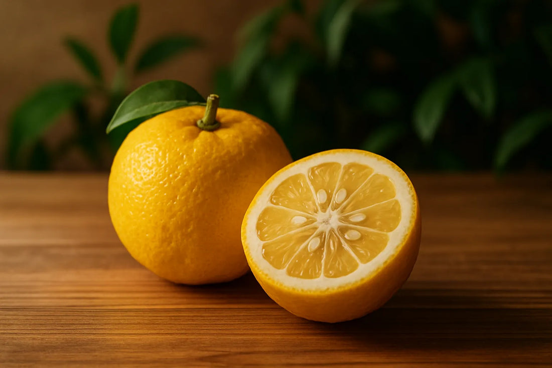 Composizione di yuzu e superfici in legno naturale per un'atmosfera raffinata