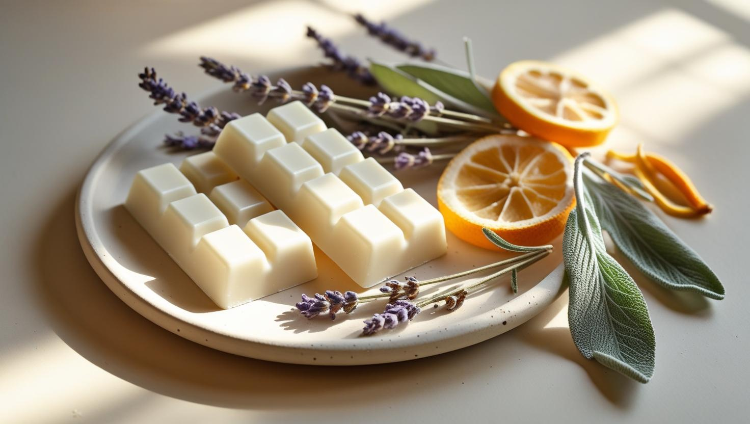 Piano del tavolo delicatamente illuminato con cera fusa fatta a mano (barrette) in cremoso colore bianco cocco, abbinato a elementi botanici essiccati (lavanda, scorza di agrumi, salvia) — piatto minimo in ceramica