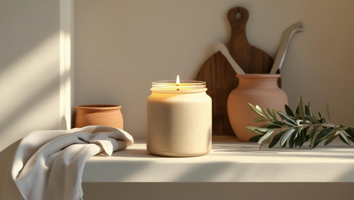 Interno minimalista con una candela fatta a mano in un barattolo di ceramica neutra accesa su una semplice mensola di legno