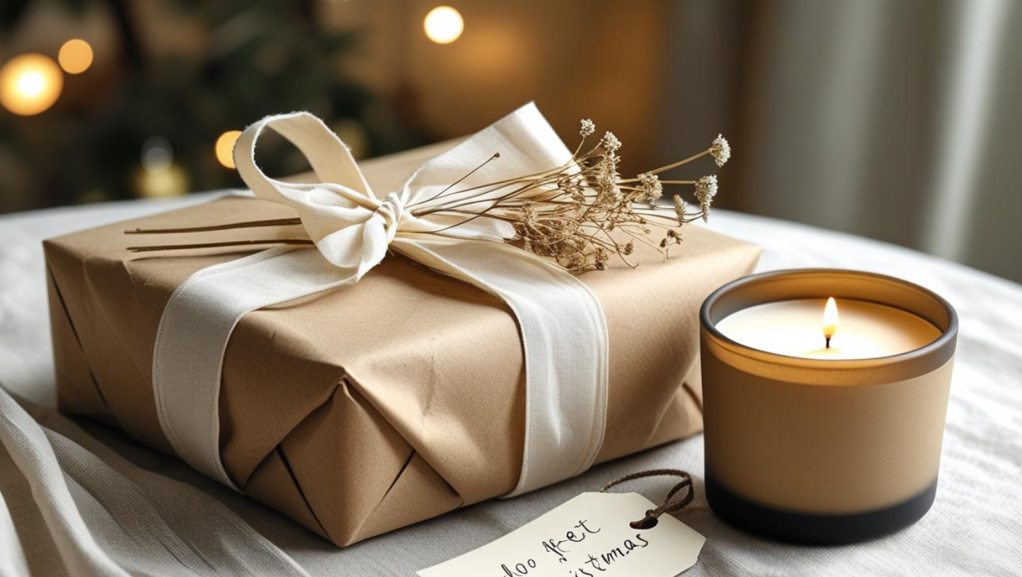 Set di candele da regalare, splendidamente confezionato in carta kraft, fiori secchi e un nastro di cotone, disposto su un tavolo da regalo con tovaglie neutre e un'etichetta scritta a mano.