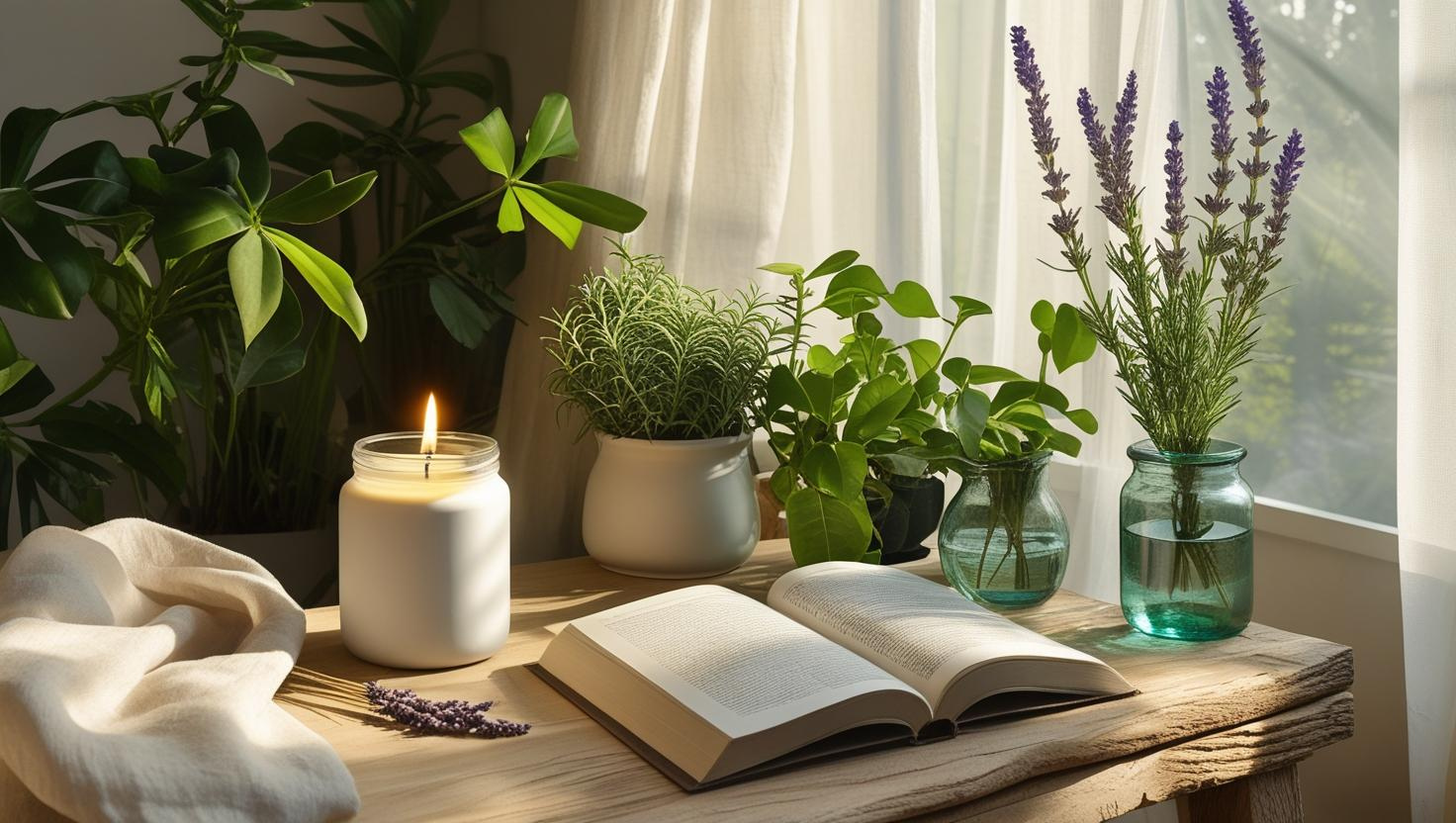 Ambiente domestico eco-consapevole con una candela accesa in un barattolo di vetro opaco, posizionata accanto a piante da interno e un libro su una superficie di legno rustica