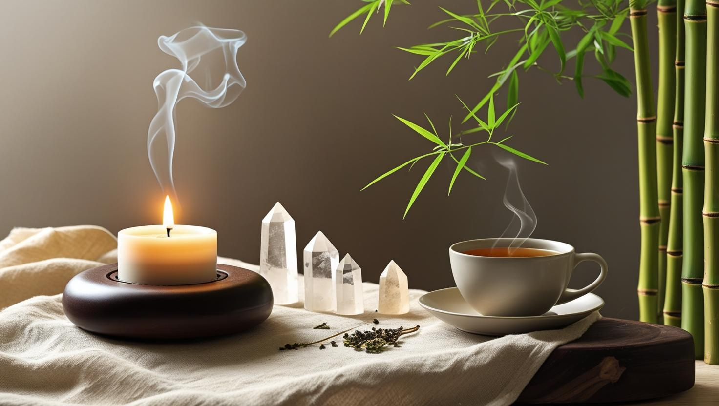 Angolo di meditazione in stile zen con una candela accesa su una base di pietra o di legno, vicino a un porta incenso, cristalli e tisana — illuminazione soffusa e calda, atmosfera minimalista e radicante