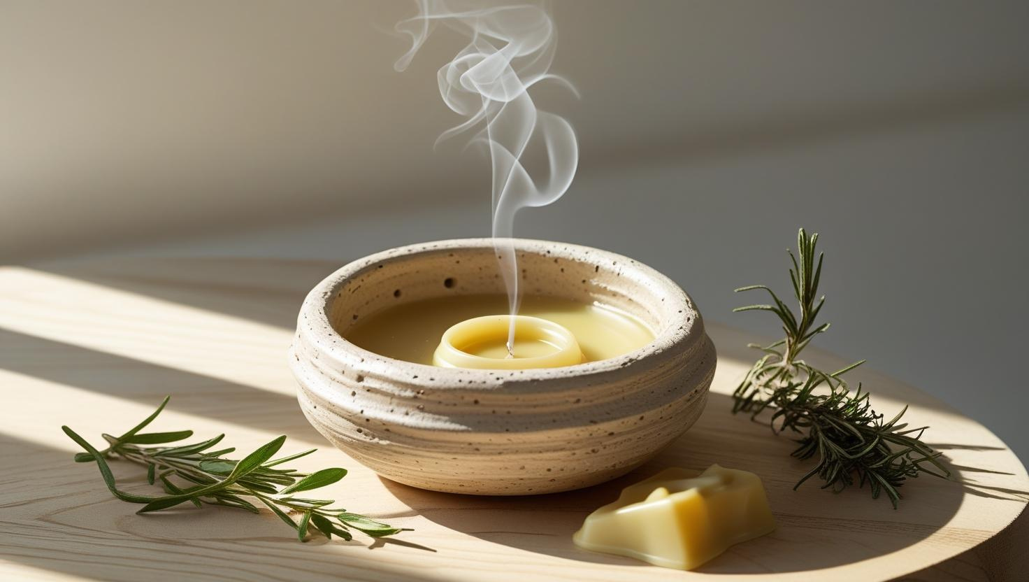 Tavolo da studio artigianale con barre di cera fatte a mano posate su pergamena o stoffa di cotone: strumenti visibili (coltello di legno, bilancia, stampi), luce calda da officina, scaglie di cocco e prodotti botanici vicini.