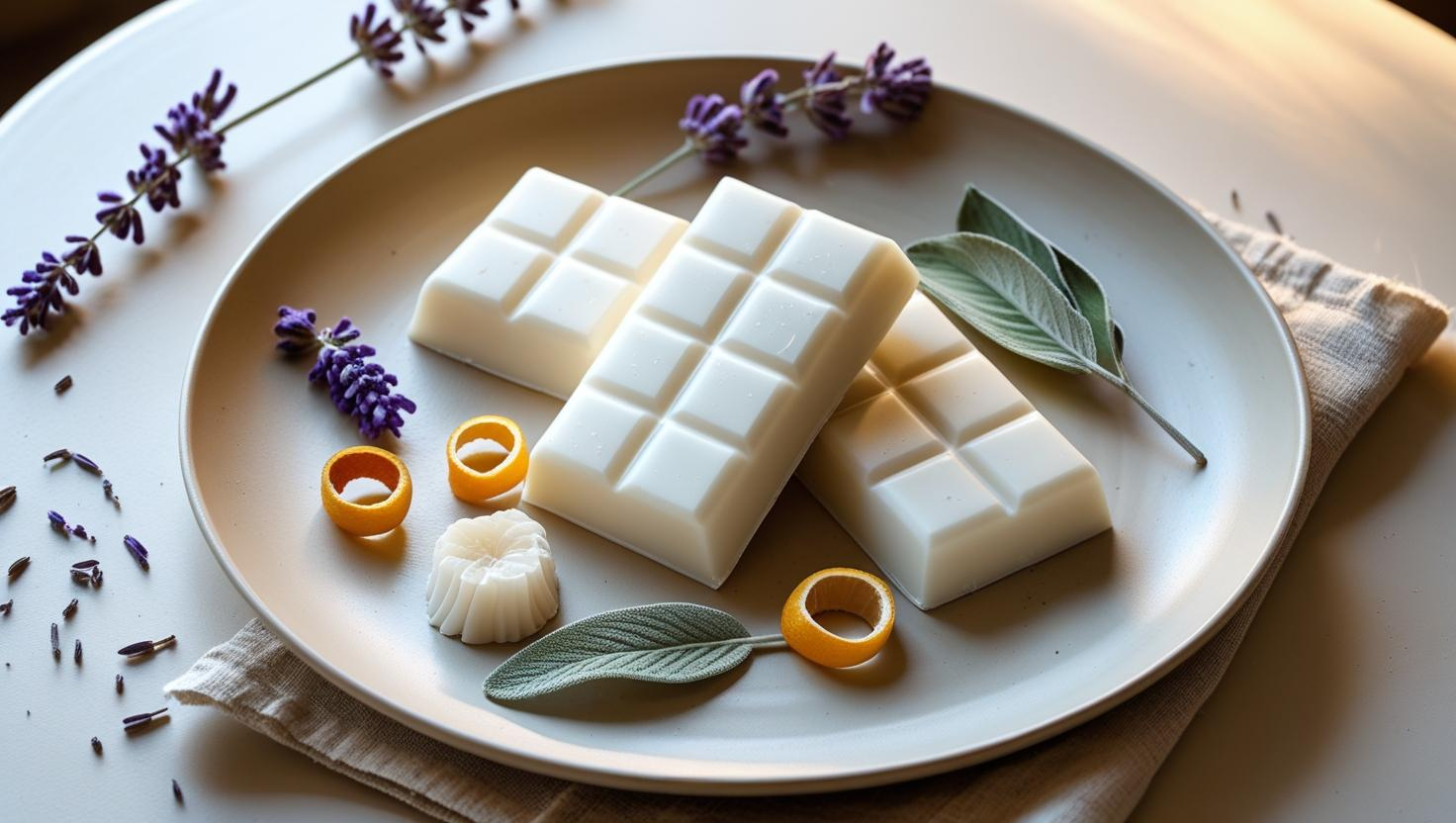 Piano del tavolo delicatamente illuminato con cera fusa fatta a mano (barrette) in cremoso colore bianco cocco, abbinato a elementi botanici essiccati (lavanda, scorza di agrumi, salvia) — piatto minimo in ceramica