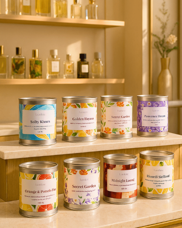 Candele Lumière Essence in esposizione in un negozio su piano di marmo e sullo sfondo vari profumi