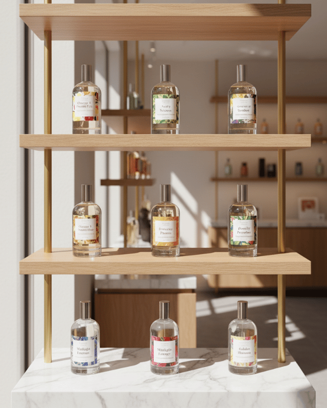 Spray profuma ambiente con boccettino in vetro esposta in vetrina di un negozio su mensole di legno naturale