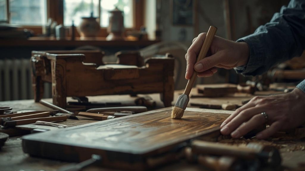 Artigiano che applica tavoletta di legno con pennello nel suo laboratorio