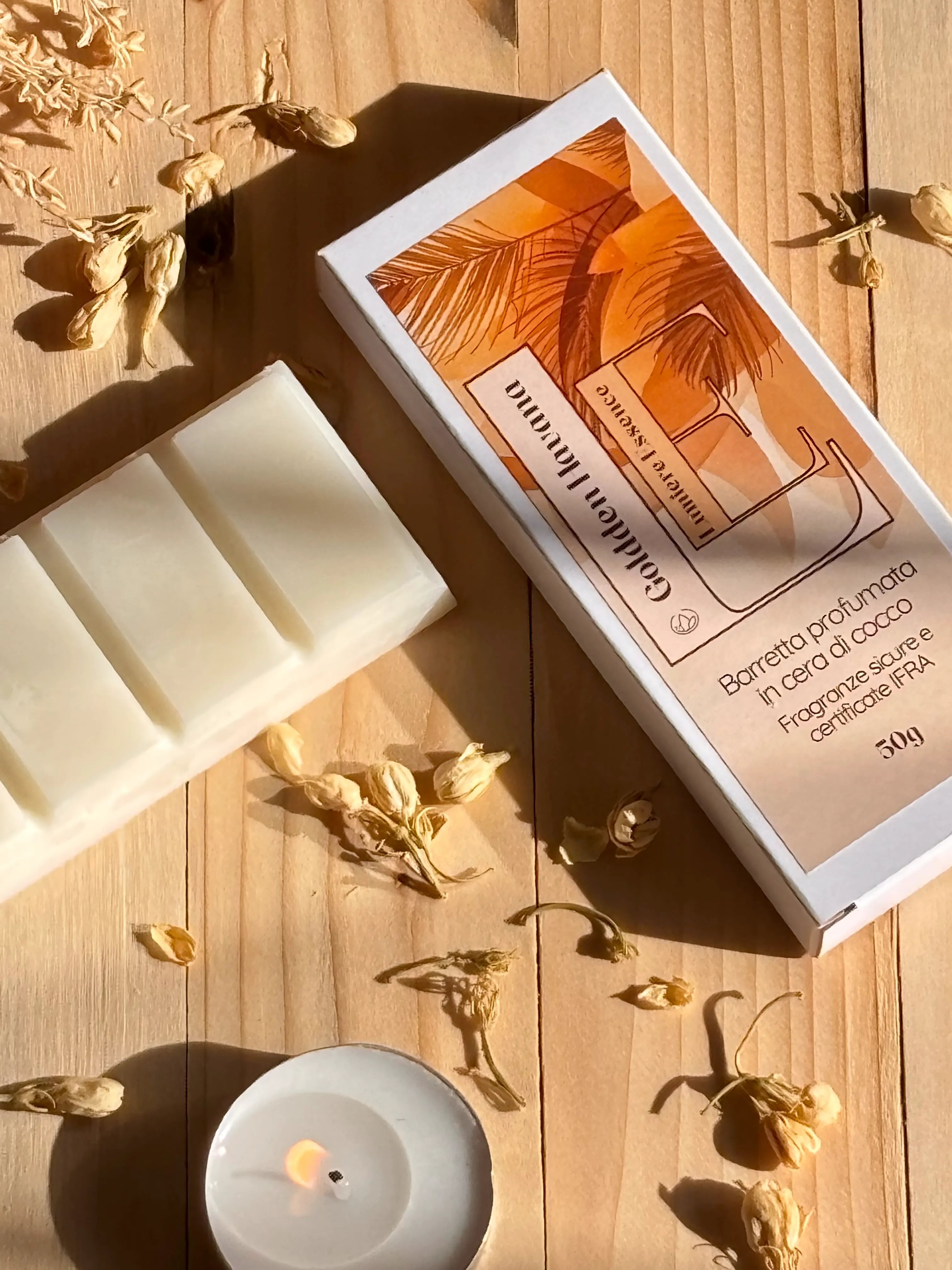 Barretta profumata Golden Havana, confezione elegante con aroma di cocco, 50g, su sfondo chiaro.