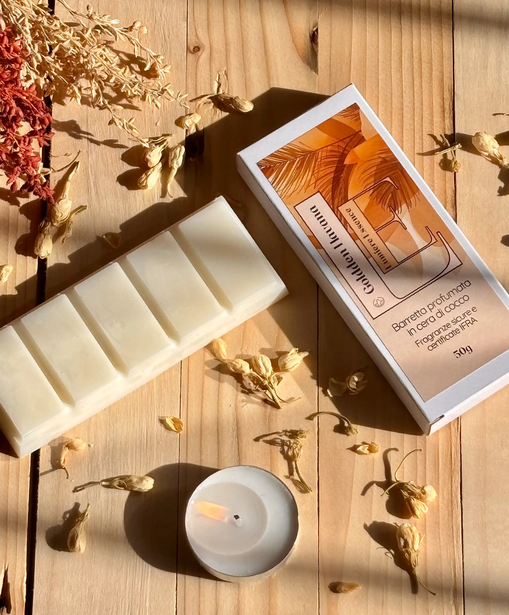 Barretta profumata Golden Havana in un packaging elegante, aromi dolci di cocco e vaniglia.