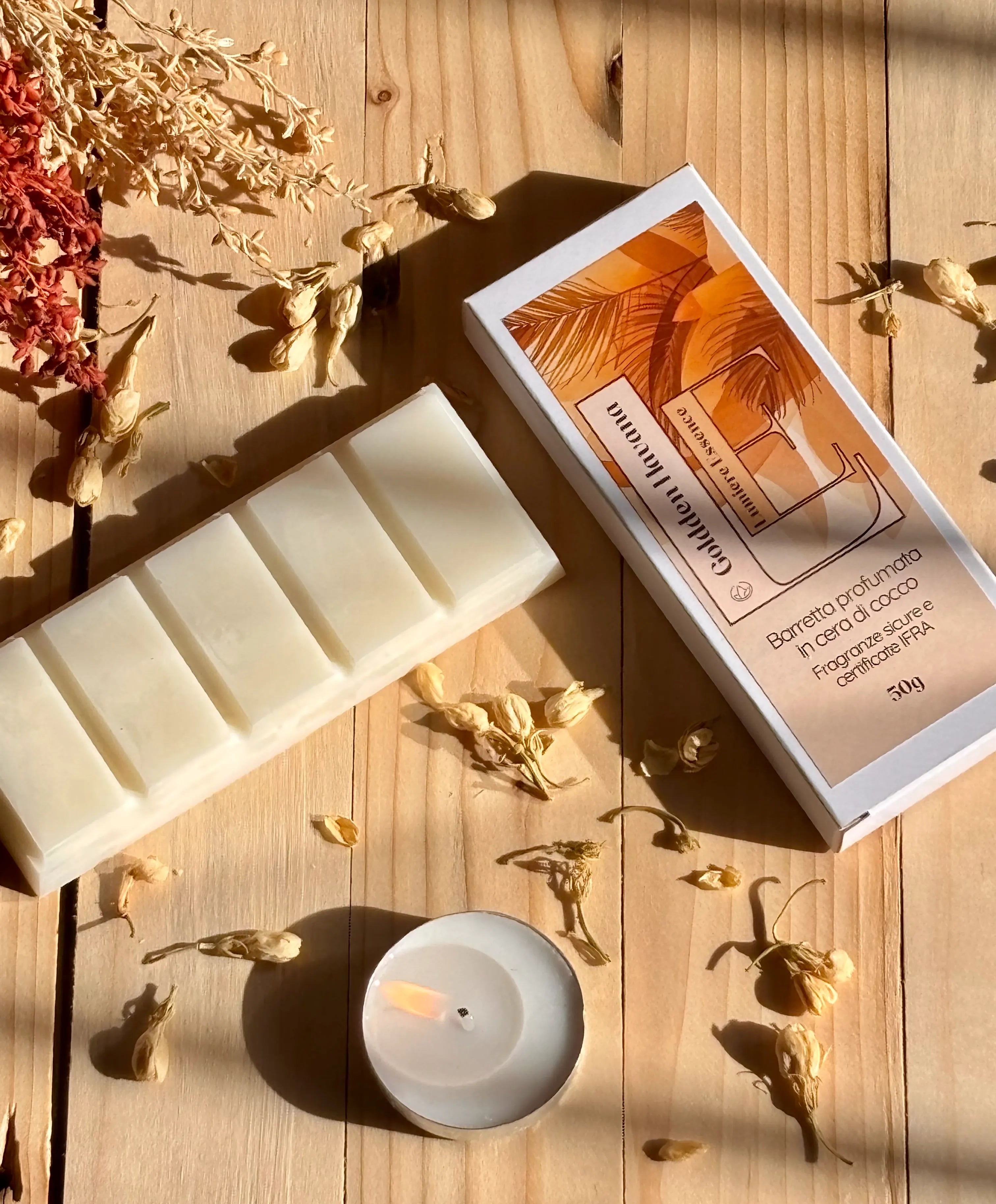 Barretta profumata Golden Havana in un packaging elegante, aromi dolci di cocco e vaniglia.