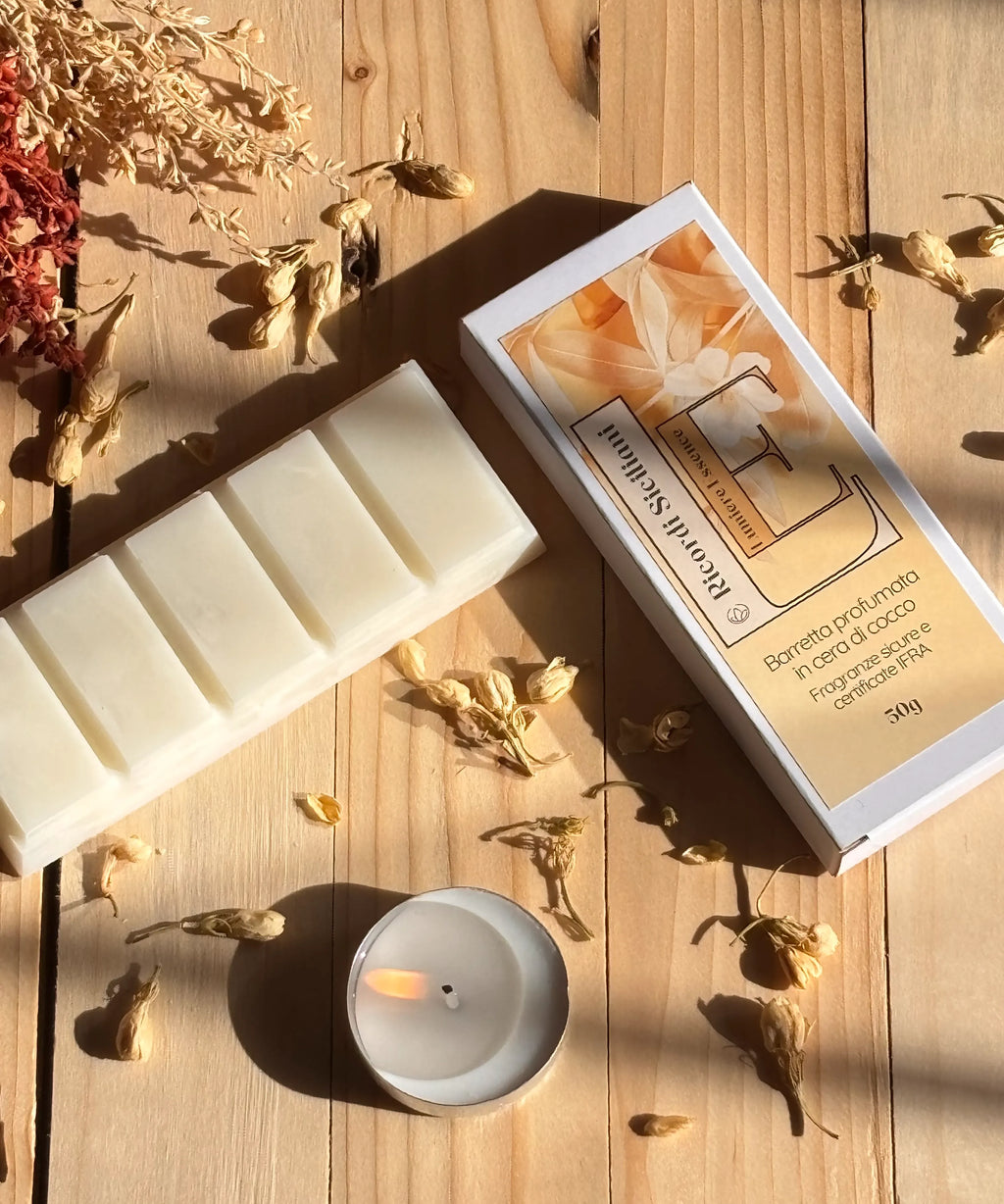 Barretta profumata Ricordi Siciliani con ingredienti siciliani e packaging elegante, al gusto di cocco.