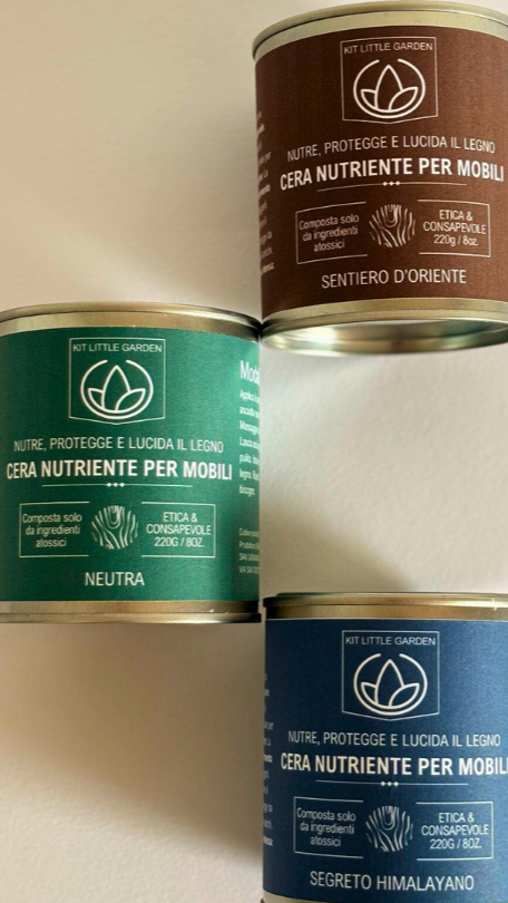 Cera neutra artigianale per legno Kit Little Garden, packaging minimale con etichetta descrittiva