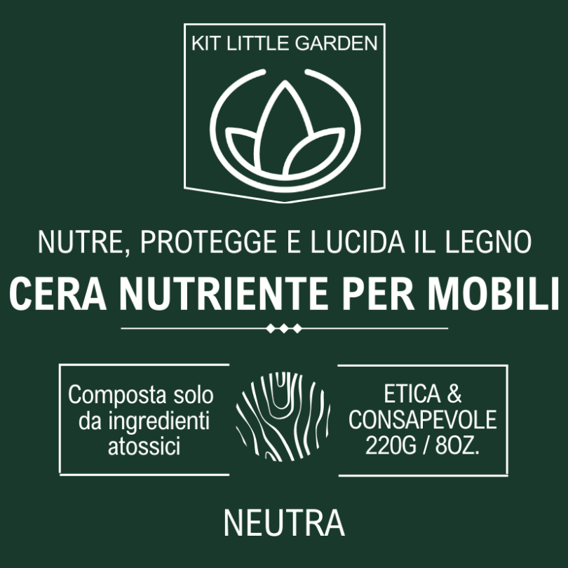Cera neutra artigianale per legno Kit Little Garden, packaging minimale con etichetta descrittiva