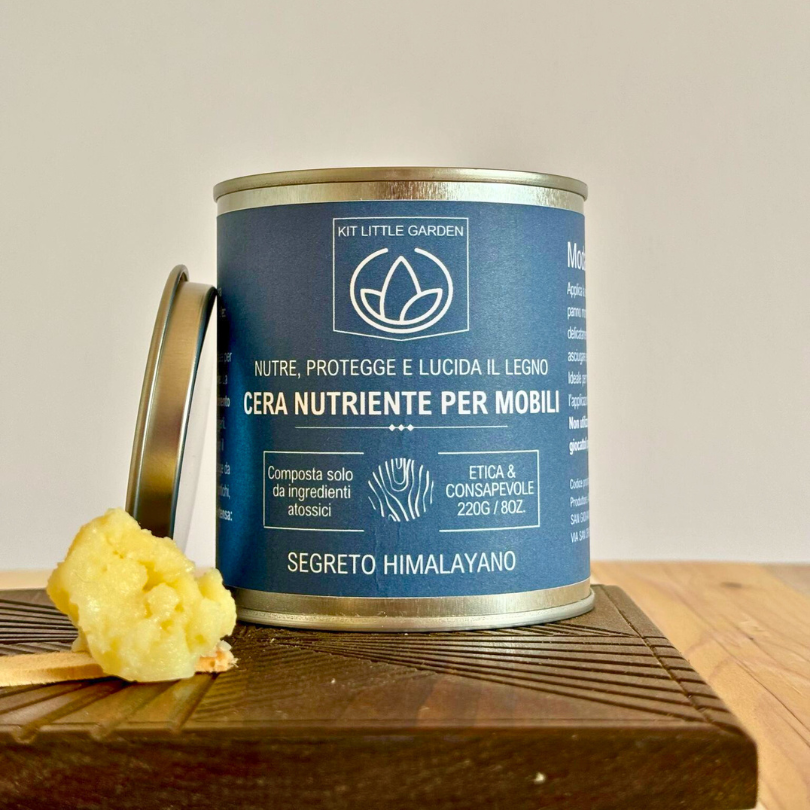 Barattolo di Cera in Pasta Segreto Himalayano Kit Little Garden su fondo chiaro, etichetta visibile, prodotto artigianale per legno e pelle