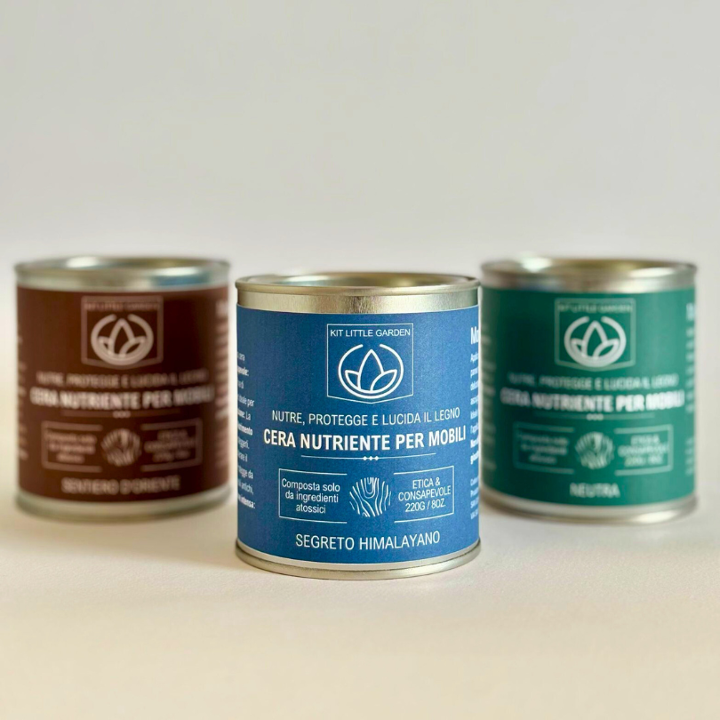 Barattolo di Cera in Pasta Segreto Himalayano Kit Little Garden su fondo chiaro, etichetta visibile, prodotto artigianale per legno e pelle e interni auto