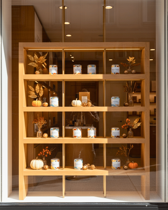 Candele Lumière Essense esposte in vetrina negozio illuminate dall'alto, esposizione di design minimal con decorazioni autunnali