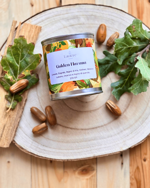 Candele in barattolo di latta con fogli di quercia bacche di quercia legno su  anello di legno.